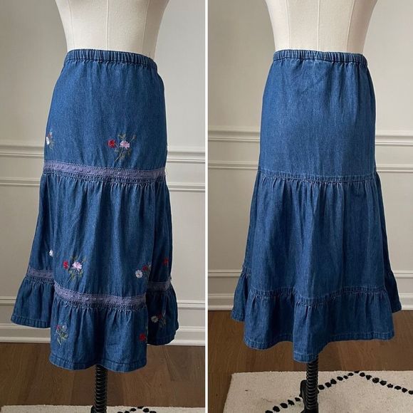 Vintage Dresses & Skirts - Vintage 90s Erika Country Prairie Western Denim Embroidered Skirt L